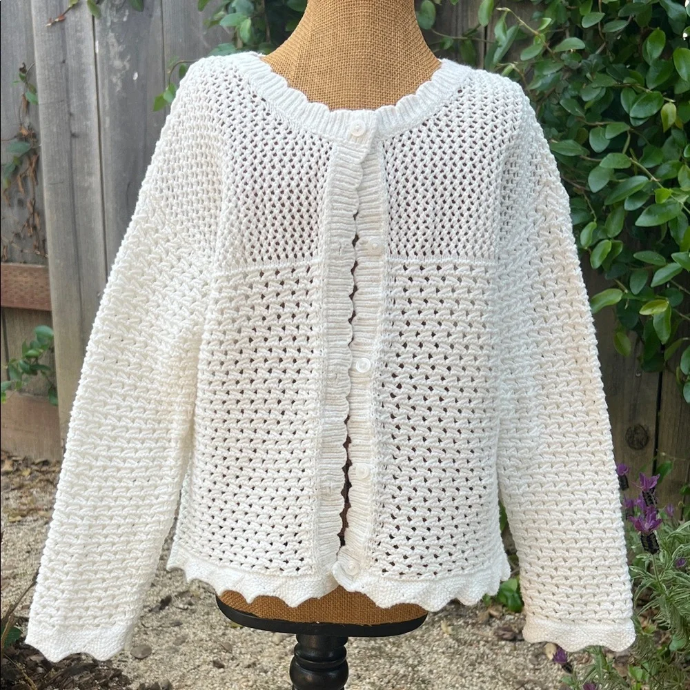 GAP White Crochet Cotton Knit Button-Front Cardigan